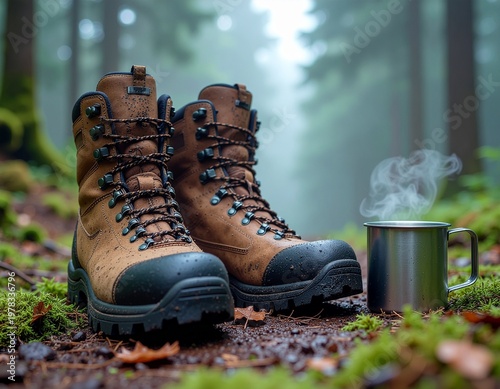 Outdoor Camping Gear with Muddy Hiking Boots and Coffee Mug