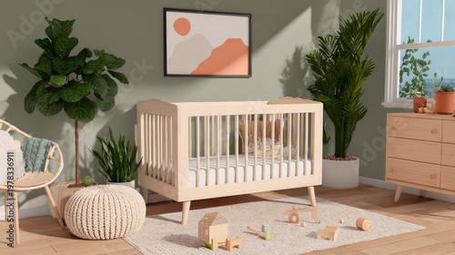 Modern nursery interior showcases a light wood crib surrounded by abundant indoor greenery and natural light