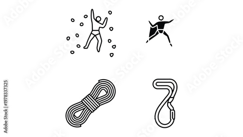 Rock Climbing Elements: Minimalist vector illustrations showcase the essential elements of rock climbing: a climber ascending a wall, a climber with open arms, a coiled rope, and a carabiner.