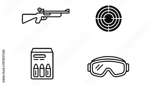 Target practice setup: An arrangement of essential equipment for precision marksmanship, including a rifle, target, ammunition, and protective eyewear. Awaiting the focus to hit the mark.