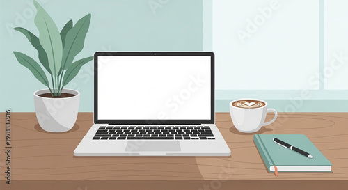 Modern and minimalist home office workspace featuring a laptop with a blank screen, a comforting cup of coffee, and a green plant, promoting a productive remote work environment