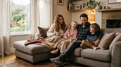 A family on a couch enjoying a moment together, cozy textiles, relaxed smiles, warm living room, intimate home atmosphere, soft window light, ultra-realistic, no logos.