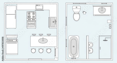 Architectural floor plan of a modern kitchen and bathroom layout.