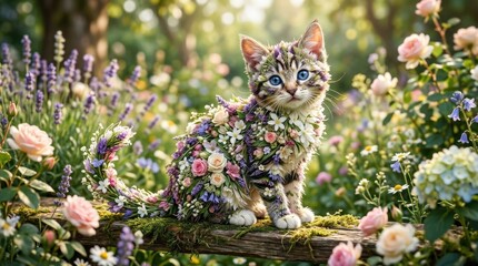 A floral cat with delicate blossoms woven into its form, playful feline charm, soft whimsical mood, ultra-realistic, no logos.