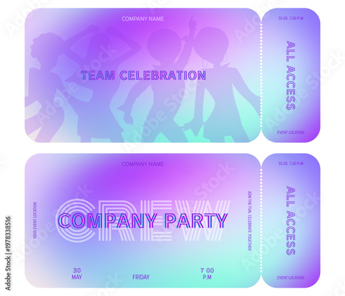 Party event ticket vector template with front and back sides, modern gradient layout and dancing silhouettes. Vector for web and print. Great for celebrations, invitations, promotions and branding.