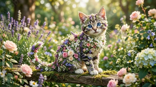 Fototapeta A floral cat with delicate blossoms woven into its form, playful feline charm, soft whimsical mood, ultra-realistic, no logos.