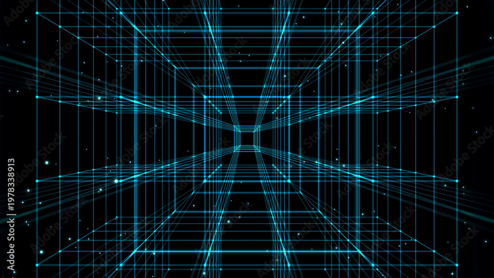 Fototapeta premium abstract transparent cube corridor from glowing lines and nodes isolated on balck background, futuristic quantum technology concept for data center, ai, vr and chip industry, texture template overlay