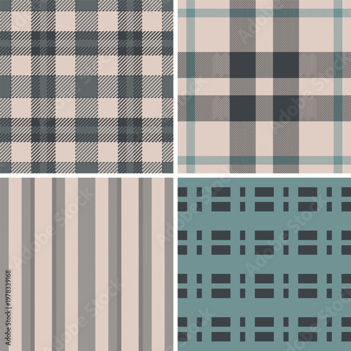 Plaid pattern pack tailored for fashion styling. Coordinated tartan patterns fit shirts, skirts, jackets, and seasonal collections. Seamless vector repetition aligns perfectly.