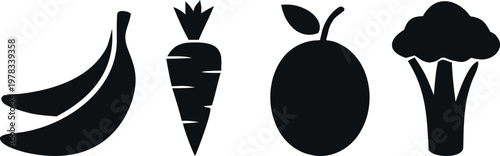 Silhouette icons of fresh fruit and vegetables for healthy eating and nutrition concepts