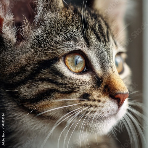 A close-up, side profile of a brown tabby kitten with golden eyes, looking intently to the right.