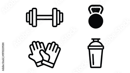 Fitness Gear: Icons of a dumbbell, a kettlebell, gloves, and a shaker bottle, symbolizing the essential equipment for fitness enthusiasts, all on display against a clear backdrop.