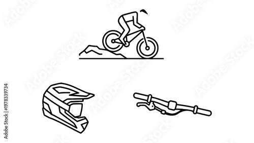 Mountain Biking Essentials: A minimalist outline of a mountain biker conquering a rugged terrain, alongside the essential safety gear. The image evokes the thrill of the sport.