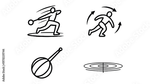 Hammer Throwing Dynamics: A graphic illustration shows the sequence of a hammer thrower in action, depicting the athlete's stance, rotation, and release.