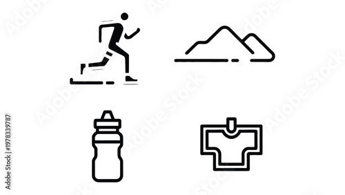 Sports Icon Set: A collection of simple, clear icons, perfect for representing active lifestyle elements, including running, mountain and bottle.