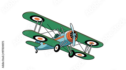 Vintage biplane aircraft illustration in flat style. Classic aviation concept for retro transport design.