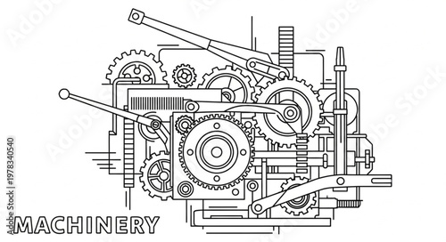 Complex Industrial Machinery with Gears and Levers Detailed Illustration.
