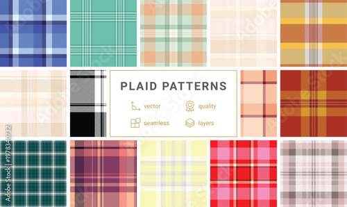 Plaid pattern set for print shops and fabric mills. Optimized tartan repeats ensure reliable output. Vector paths remain accurate.