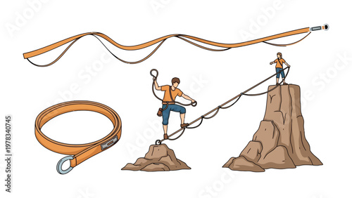 High-Wire Adventure: A courageous figure fearlessly walks a tightrope, showcasing balance and courage in a display of skill.