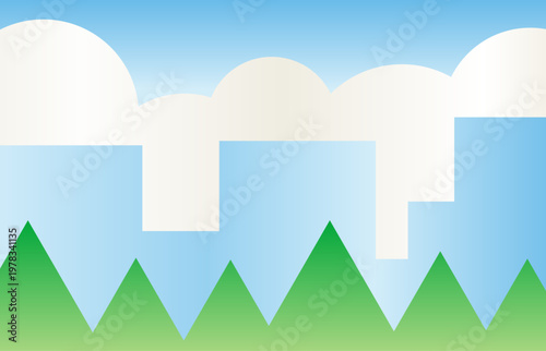 木、建物、雲、空をシンプルな三角、四角、円を合わせ幾何学的、抽象的なベクターのイラストでグラデーション効果もつけてデザインした風景、壁紙、背景、グラフィックの素材