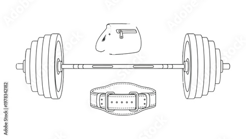 Weightlifting Essentials: A detailed illustration captures the core tools of weightlifting, showcasing the essential gear for a powerful workout, fitness and strength training. 