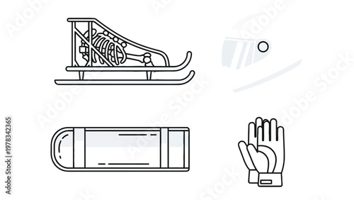 Winter Sport Essentials: A collection of line art icons depicting the key equipment required for the exhilarating winter sport of bobsledding.