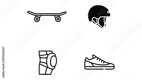 Skateboard Essentials: A minimalist depiction of skateboarding gear, featuring a skateboard, helmet, knee pad, and shoe, all essential for enjoying this sport. 