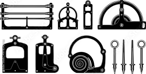 Vintage, clock, mechanism, parts, collection, including, gears, mainspring, housing, and, internal, watch, components, in, black, and, white, technical, illustration, style, for, horology, design.