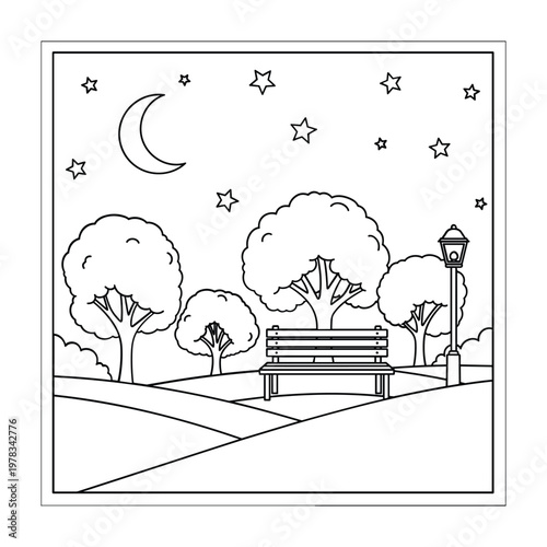 Nighttime park scene with bench under stars and moonlight
