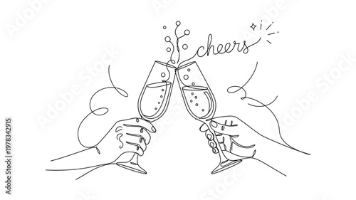 Hands clinking champagne glasses in celebration. Continuous line style. Hand drawn. Line art. Vector design. illustration
