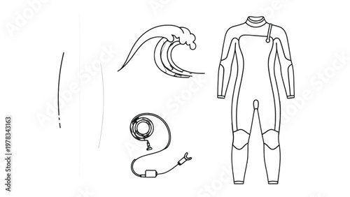 Surf Gear Elements: A minimalist illustration of essential surfing gear, including a wetsuit, a curling wave, and a leash, all rendered in simple, clean lines.