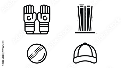 Cricket Icon Set: A minimalistic collection of cricket icons, including gloves, wickets, a ball, and a cap, perfect for sports-themed designs and digital content.