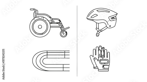 Accessibility and Sport: A set of essential aids and safety gear for adaptive sports, encompassing a wheelchair, helmet, protective gloves, and a specialized track segment.