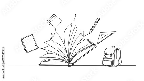 Line drawing of school supplies and book. Continuous line style. Hand drawn. Line art. Vector design. illustration