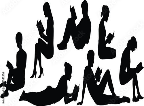Black and white silhouettes of people reading books in various poses vector illustration EPS PNG file
