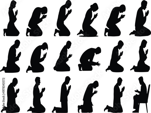 Black and white silhouettes of people praying in various poses vector illustration EPS PNG file