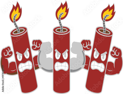 Three angry red dynamite sticks on fire with muscular arms vector illustration EPS PNG file