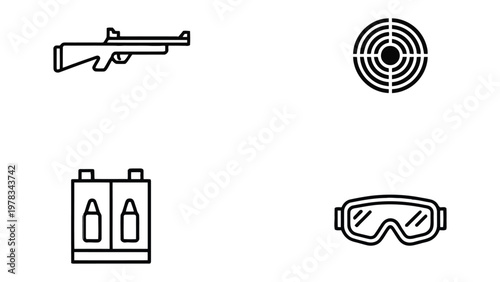 Shooting Range Elements: A collection of line art icons depicting the essential elements of a shooting range, from firearm and target to safety glasses.