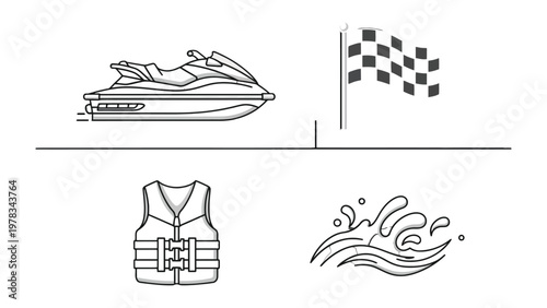 Watercraft Racing Set: A vector illustration showcasing the essence of watercraft racing, featuring a sleek jet ski, a checkered flag.