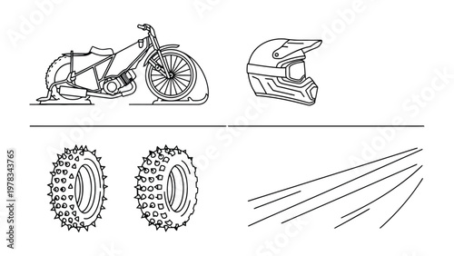 Speedway Motorcycle Accessories: An artistic illustration features a detailed depiction of a speedway motorcycle and accompanying accessories, celebrating the thrill of motorcycle speedway racing