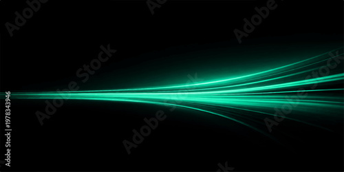 Abstract glowing green lines streaks across a dark backdrop, creating a sense of rapid movement and dynamic energy. The image showcases the beauty of light and the power of technology.