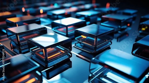 The arrangement shows colorful glass blocks placed closely together on a surface. The lighting reflects off the blocks and creates an interesting visual effect during nighttime.