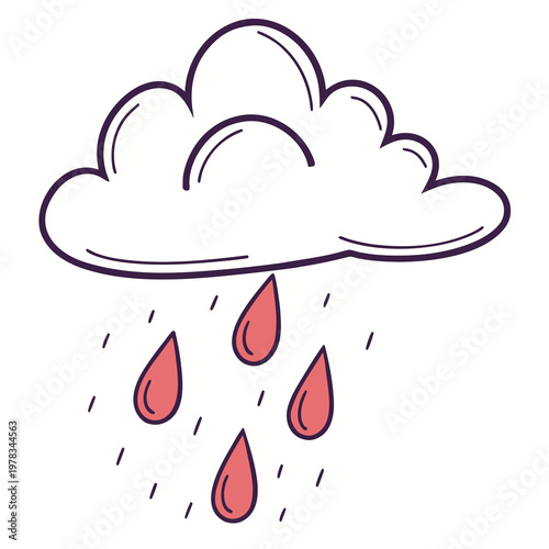 A fluffy cloud is depicted raining red drops, with subtle lines emanating from the cloud to signify precipitation and a hint of weather activity.