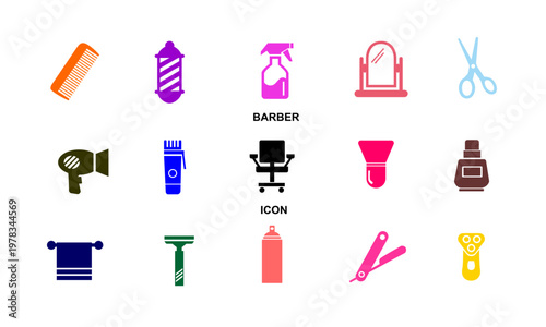 Collection of Colorful Hairdressing Tools Including Scissors and Hair Dryer on a White Background
