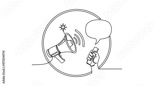 A hand holding a megaphone with a speech bubble for communication and announcement. Continuous line style. Hand drawn. Line art. Vector design. illustration