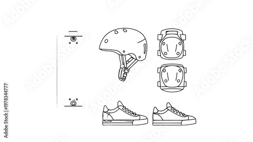 Skateboarding Gear: An overhead view showcases the essential gear for a skater, including a protective helmet, knee pads, and stylish shoes, highlighting the importance of safety and gear. 