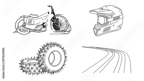 Motorcycle Elements Line Art: A set of motorcycle-related illustrations in a minimalist line art style, perfect for design assets.