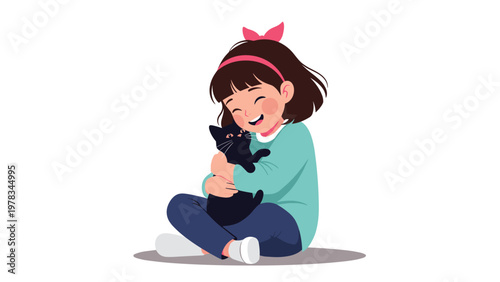 Happy young girl sitting on the floor while hugging a cute black cat as a sign of friendship, love, and bond between humans and pets.