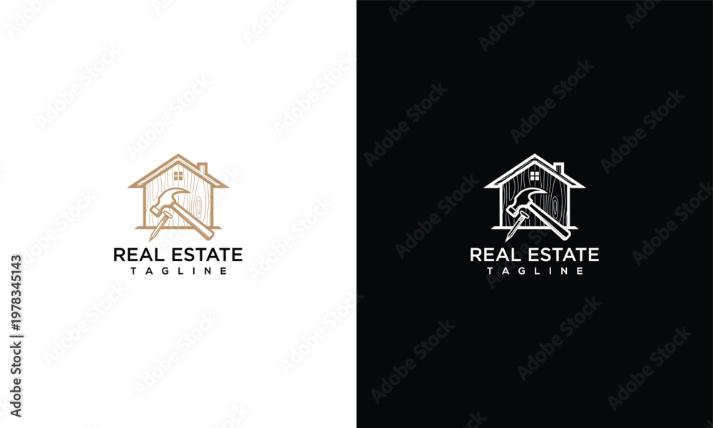 Obraz premium Minimalist Real Estate Logo With Hammer and House Outline