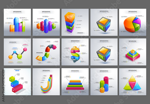 Editable 3D Colorful Modern Business Infographic Elements Collection Template for Social Media Posts.
