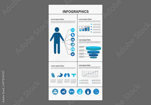 Editable Medical Infographic Template with Human Anatomy Elements and Data Visualization Statistics for Healthcare Reports.
